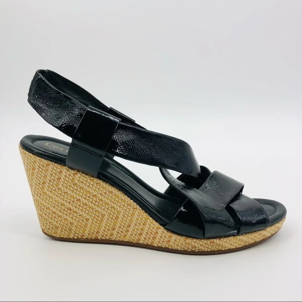 Cole‎ Haan Nike Air Dinah Black Patent Leather Platform Wedge Sandal Size 10AA